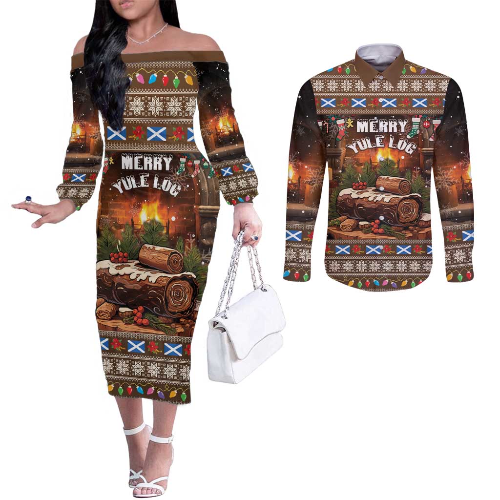 Scotland Christmas Couples Matching Off The Shoulder Long Sleeve Dress and Long Sleeve Button Shirt Merry Yule Log