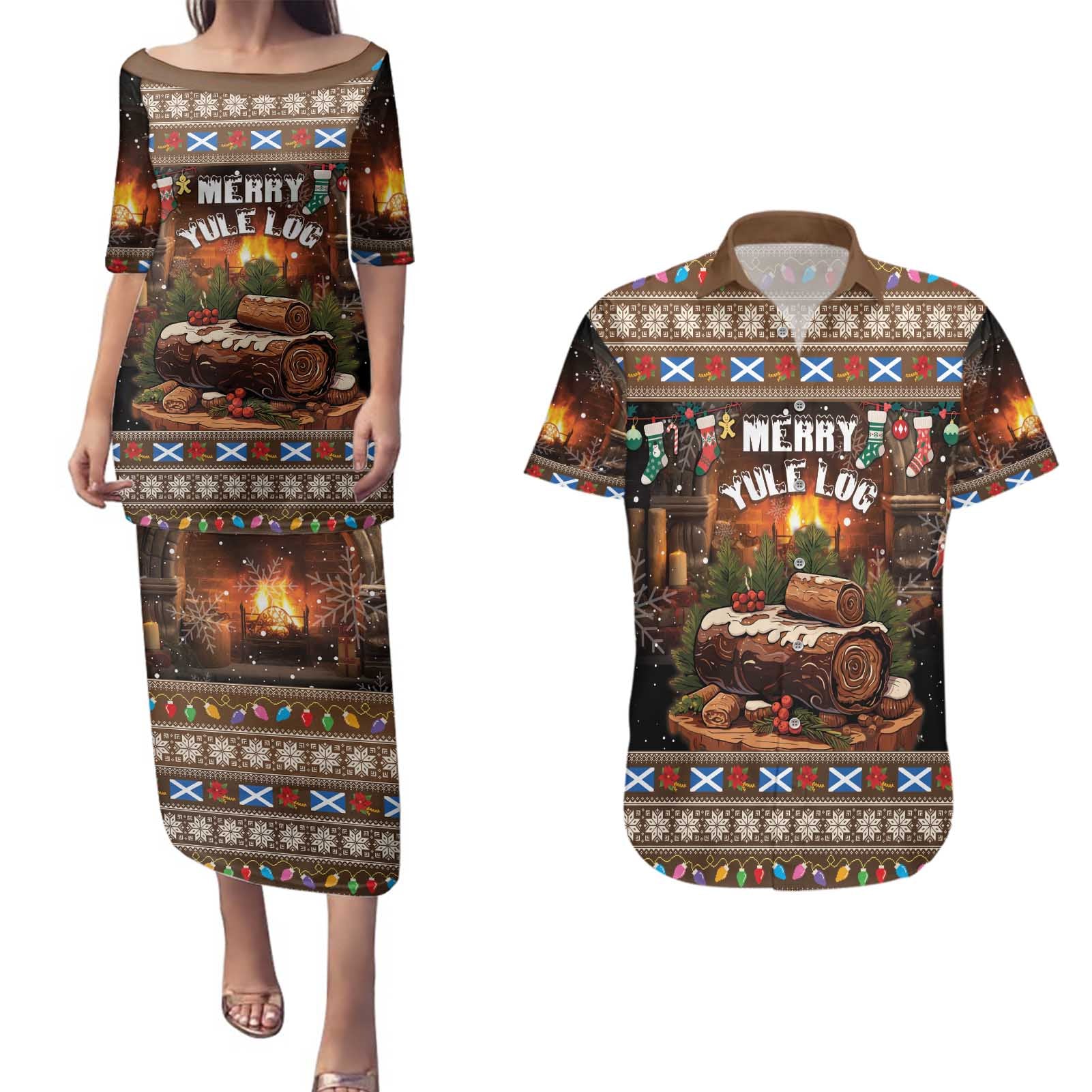 Scotland Christmas Couples Matching Puletasi and Hawaiian Shirt Merry Yule Log - Wonder Print Shop