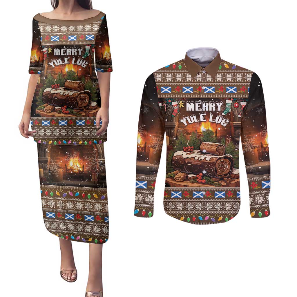 Scotland Christmas Couples Matching Puletasi and Long Sleeve Button Shirt Merry Yule Log - Wonder Print Shop