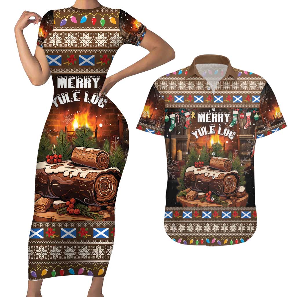 Scotland Christmas Couples Matching Short Sleeve Bodycon Dress and Hawaiian Shirt Merry Yule Log - Wonder Print Shop