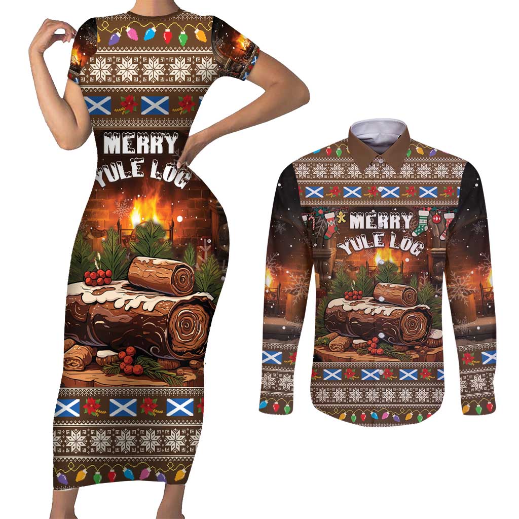 Scotland Christmas Couples Matching Short Sleeve Bodycon Dress and Long Sleeve Button Shirt Merry Yule Log - Wonder Print Shop