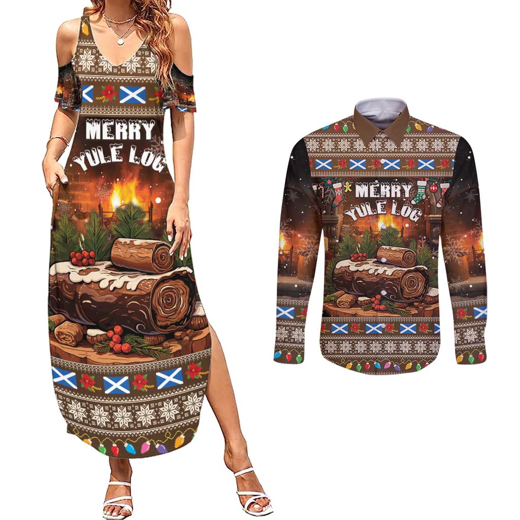 Scotland Christmas Couples Matching Summer Maxi Dress and Long Sleeve Button Shirt Merry Yule Log - Wonder Print Shop