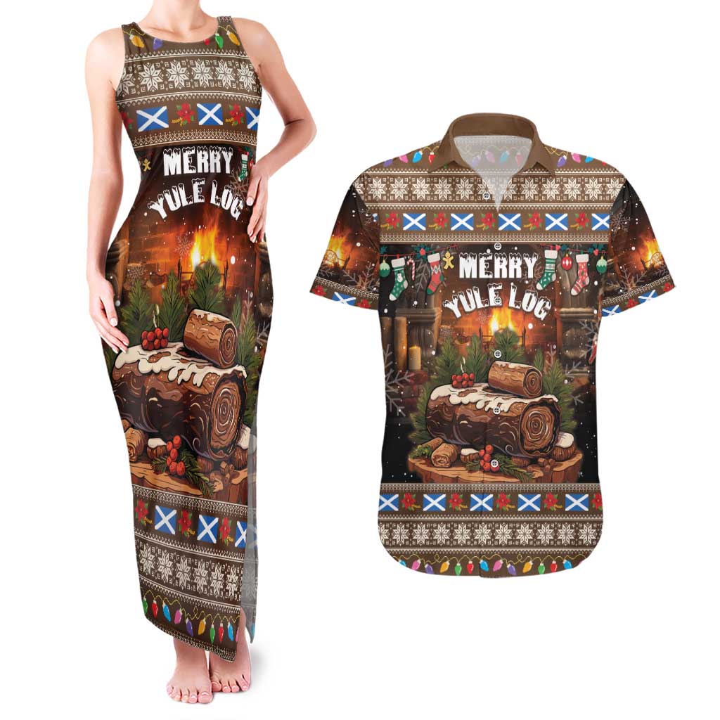 Scotland Christmas Couples Matching Tank Maxi Dress and Hawaiian Shirt Merry Yule Log - Wonder Print Shop