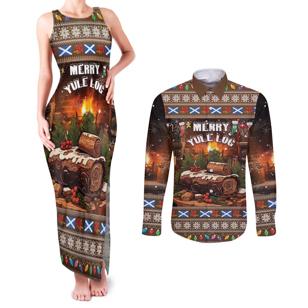 Scotland Christmas Couples Matching Tank Maxi Dress and Long Sleeve Button Shirt Merry Yule Log - Wonder Print Shop