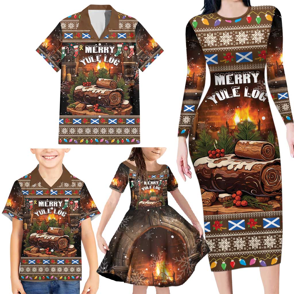 Scotland Christmas Family Matching Long Sleeve Bodycon Dress and Hawaiian Shirt Merry Yule Log - Wonder Print Shop