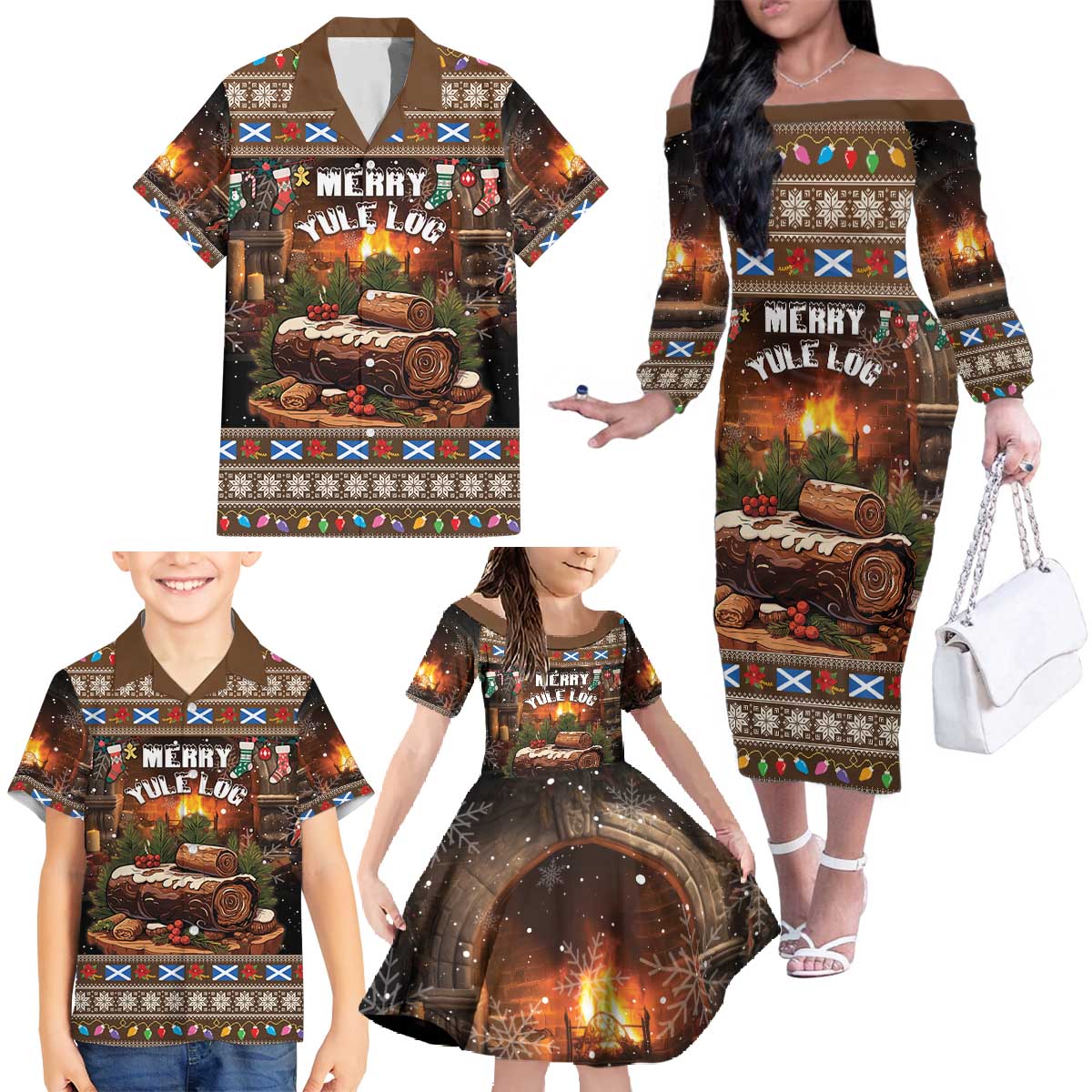 Scotland Christmas Family Matching Off The Shoulder Long Sleeve Dress and Hawaiian Shirt Merry Yule Log - Wonder Print Shop