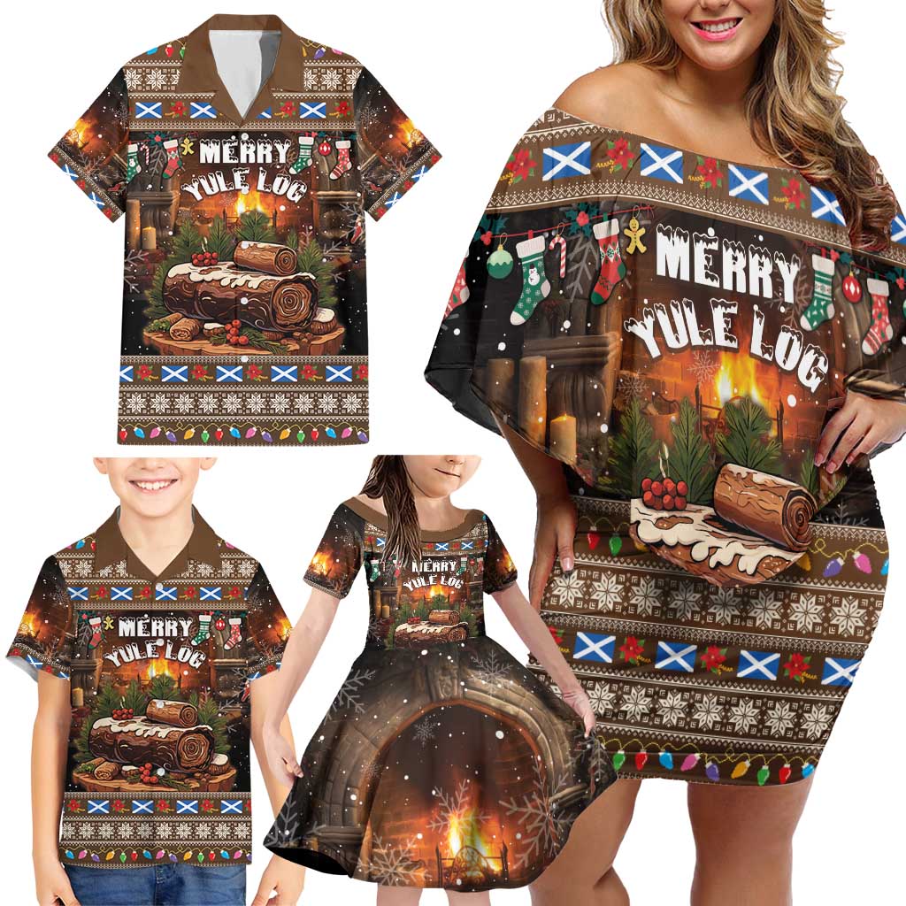 Scotland Christmas Family Matching Off Shoulder Short Dress and Hawaiian Shirt Merry Yule Log - Wonder Print Shop