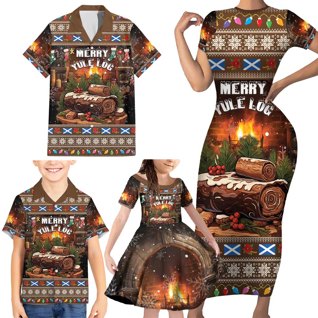 Scotland Christmas Family Matching Short Sleeve Bodycon Dress and Hawaiian Shirt Merry Yule Log - Wonder Print Shop