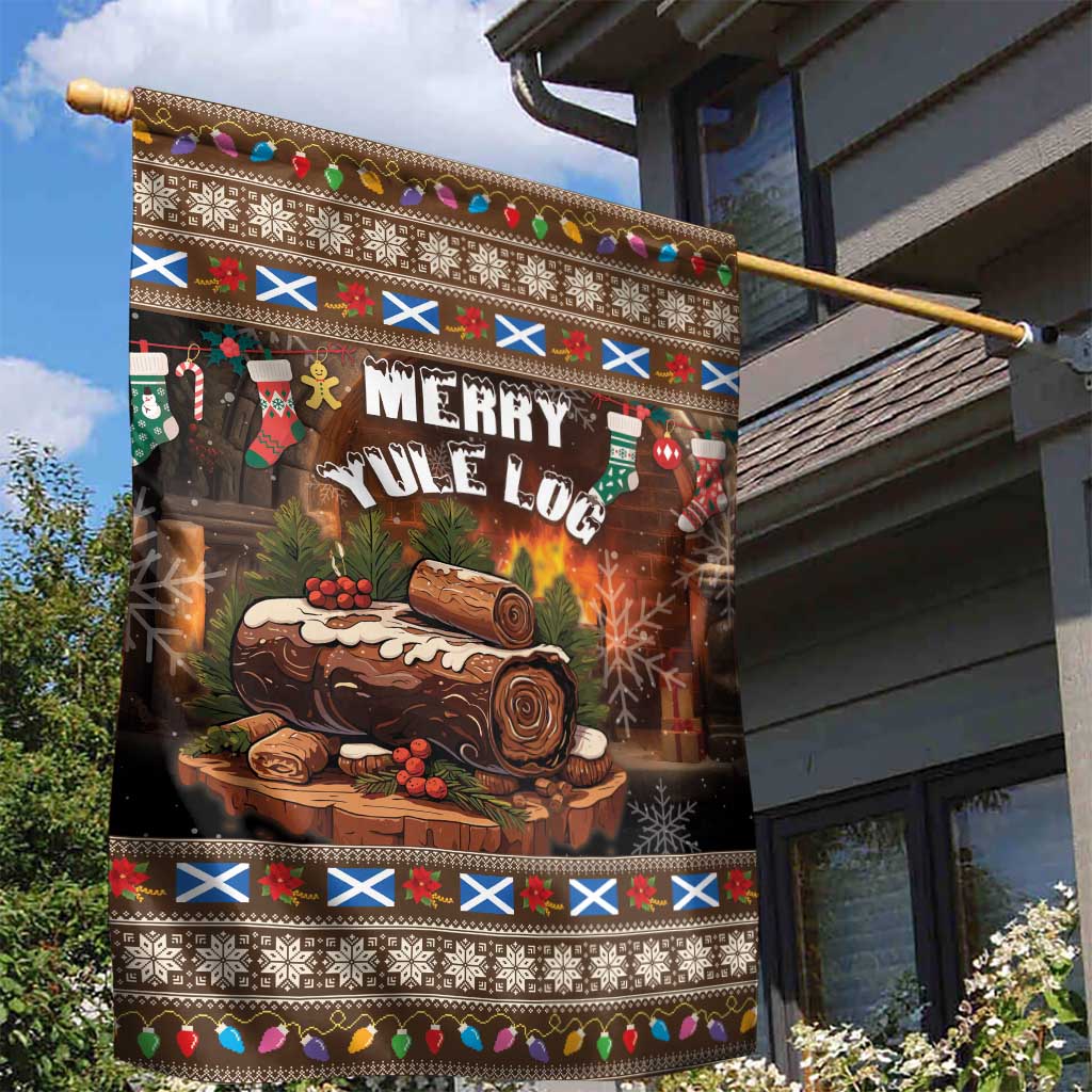 Brown Christmas garden flag on a pole, showing Merry Yule Log and ornaments