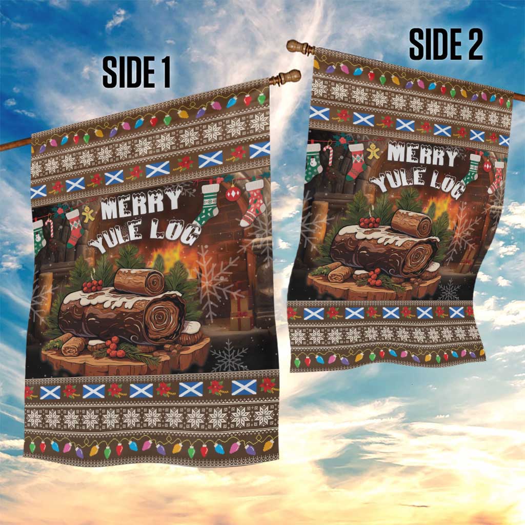 Two-sided brown Christmas garden flags with Merry Yule Log design