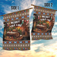 Two-sided brown Christmas garden flags with Merry Yule Log design