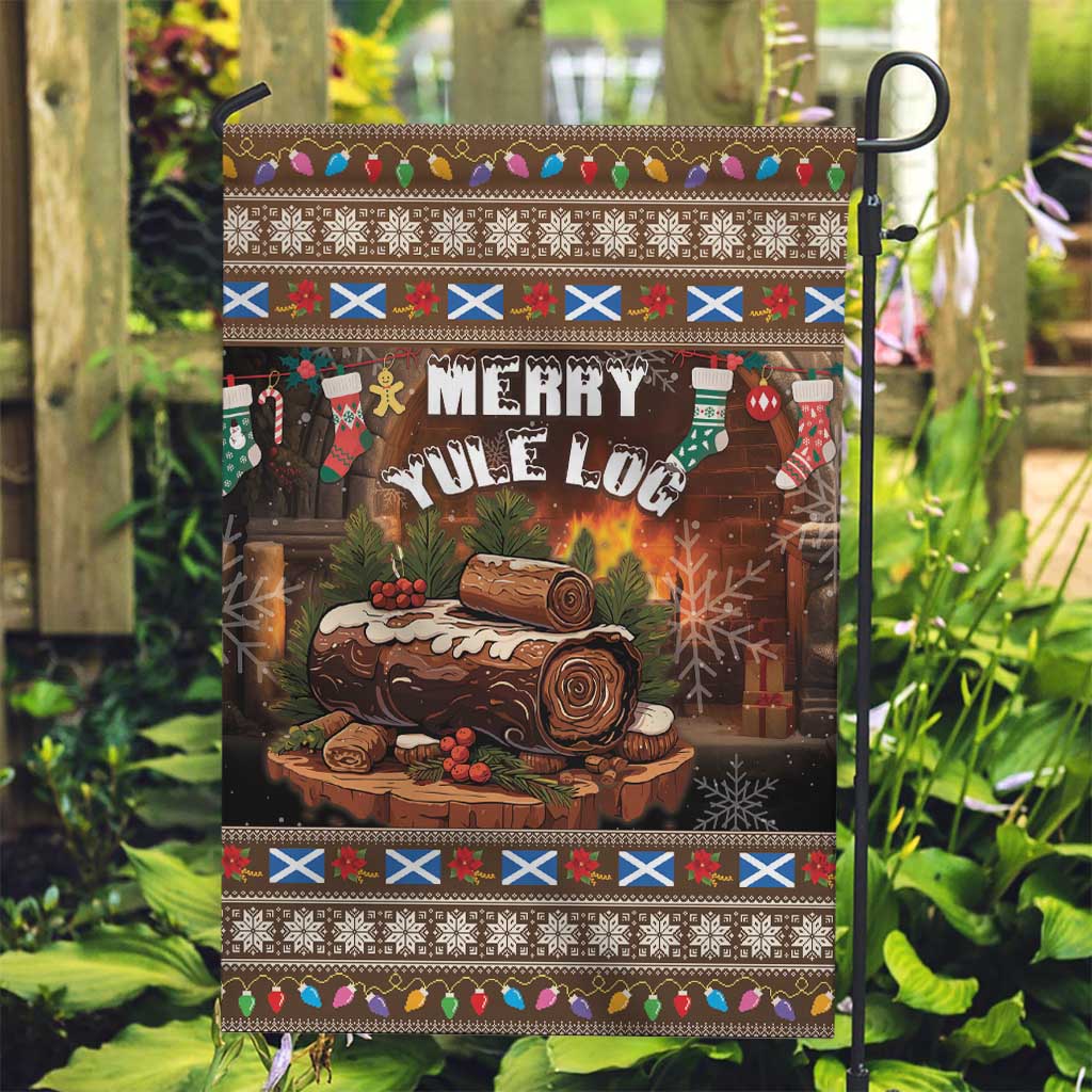 Brown Christmas garden flag with Merry Yule Log design on a yard pole