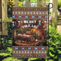 Brown Christmas garden flag with Merry Yule Log design on a yard pole