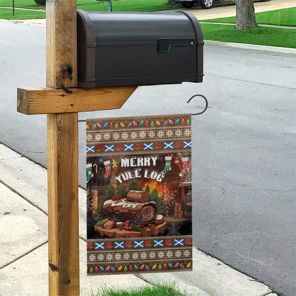 Brown Christmas garden flag on a wooden post near a dark mailbox
