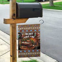 Brown Christmas garden flag on a wooden post near a dark mailbox