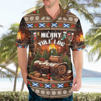 Brown Hawaiian shirt worn by man, holiday log “Merry Yule Log” print, short sleeves