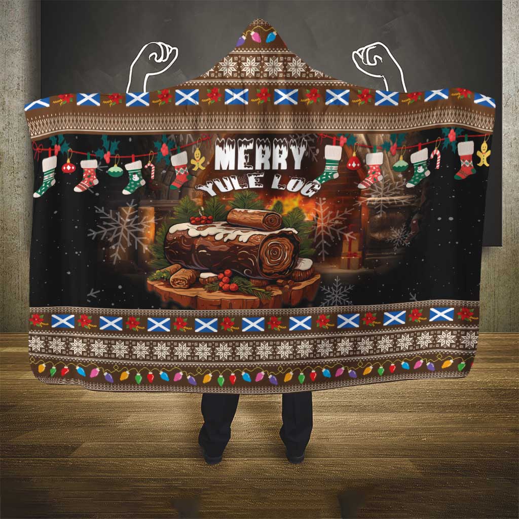 Christmas hooded blanket with Merry Yule Log scene, ornament border, and hood