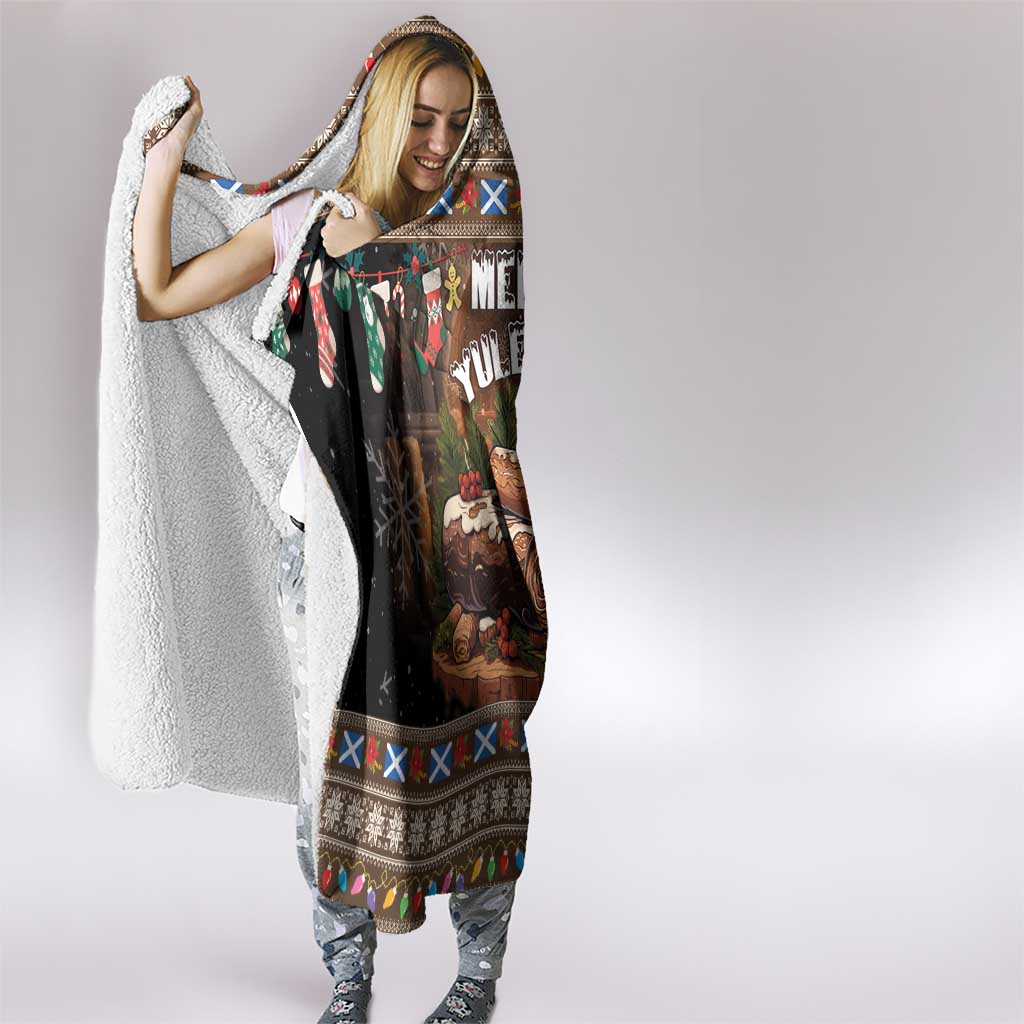Christmas hooded blanket with hood, fluffy white lining, and Merry Yule Log print