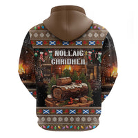 Brown pullover hoodie, back view, holiday yule log graphic with striped festive border
