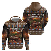 Brown pullover hoodie set, front and back views, yule log holiday graphic
