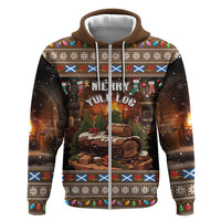 Brown pullover hoodie front view with hood and drawstrings, yule log holiday graphic