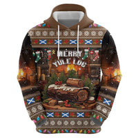 Brown pullover hoodie front view, Merry Yule Log text and cabin scene print