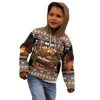 Kids dark hoodie with brown hood, front holiday log print and patterned cuffs