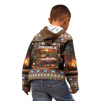 Kids dark hoodie with brown hood, back holiday log graphic and patterned waistband