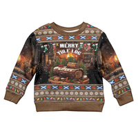Kids ugly Christmas sweater, dark brown front with Merry Yule Log and long sleeves
