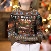 Kids ugly Christmas sweater, dark brown with Merry Yule Log print, colorful trim