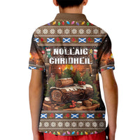 Kids brown polo shirt with back Noel Christmas graphic and festive border trim