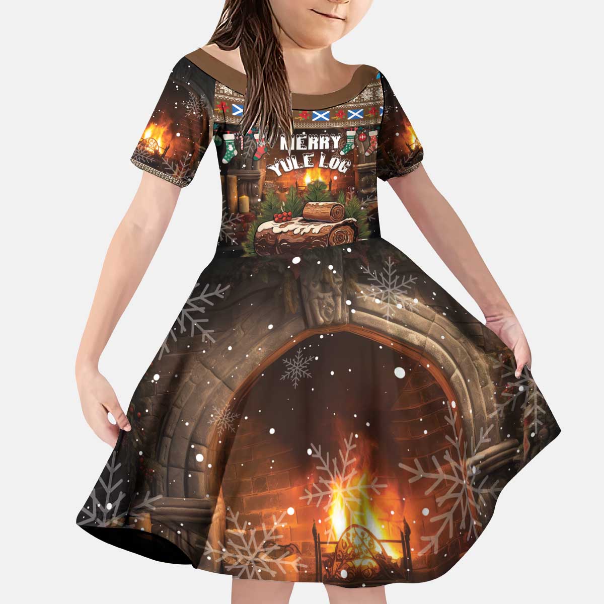 Scotland Christmas Kid Short Sleeve Dress Merry Yule Log - Wonder Print Shop