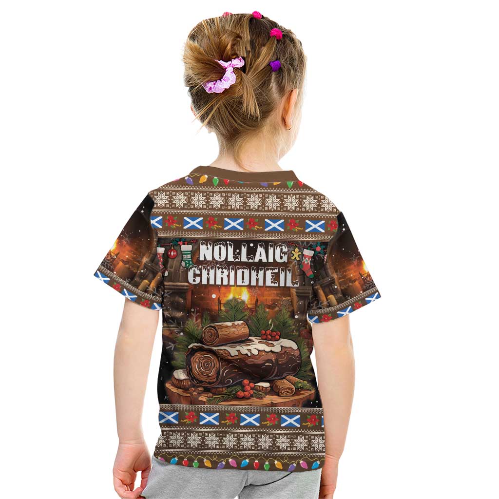 Kids Christmas T-shirt, 'Yule Log' back graphic, dark brown short sleeves
