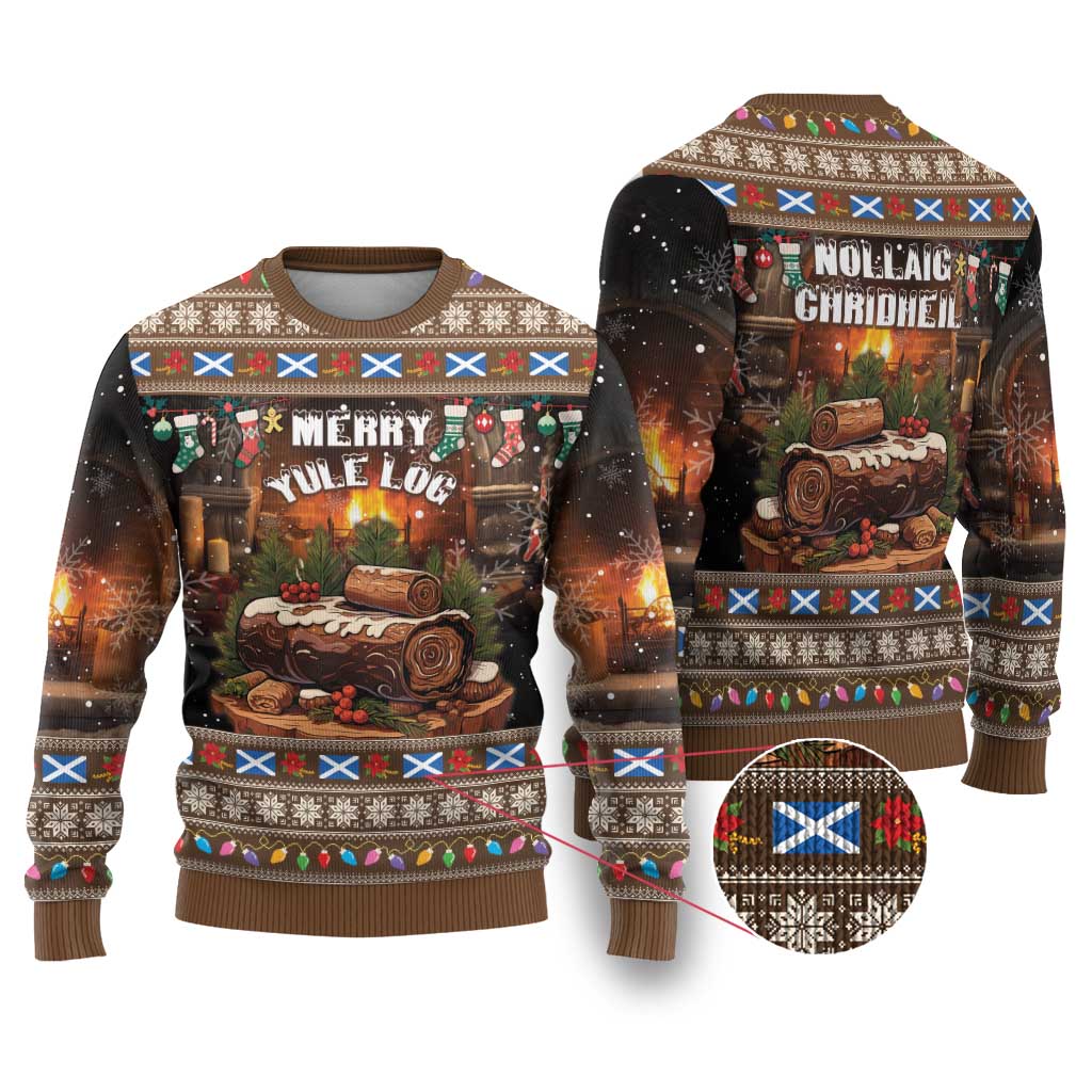 Brown ugly Christmas sweater with Merry Yule Log graphic and multicolor fair isle trim