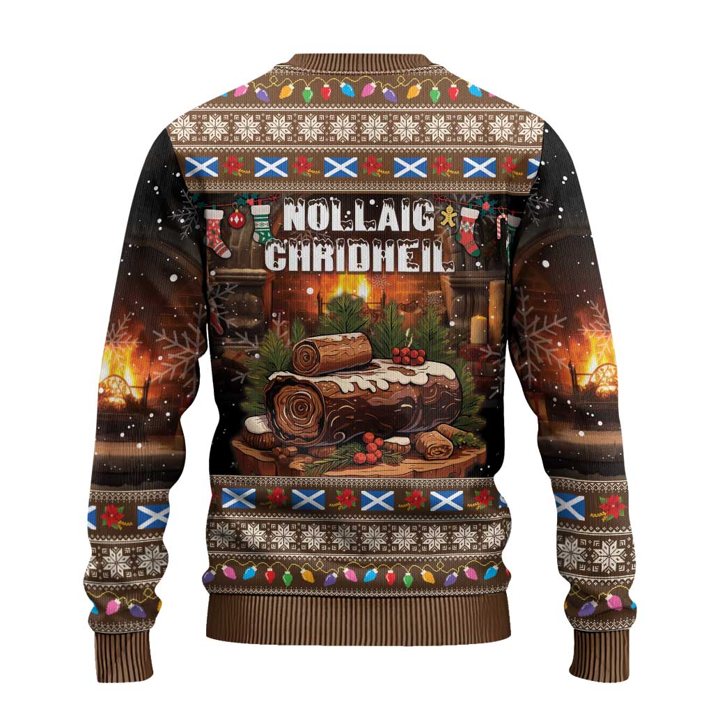 Brown ugly Christmas sweater with festive log graphic on back and colorful fair isle border