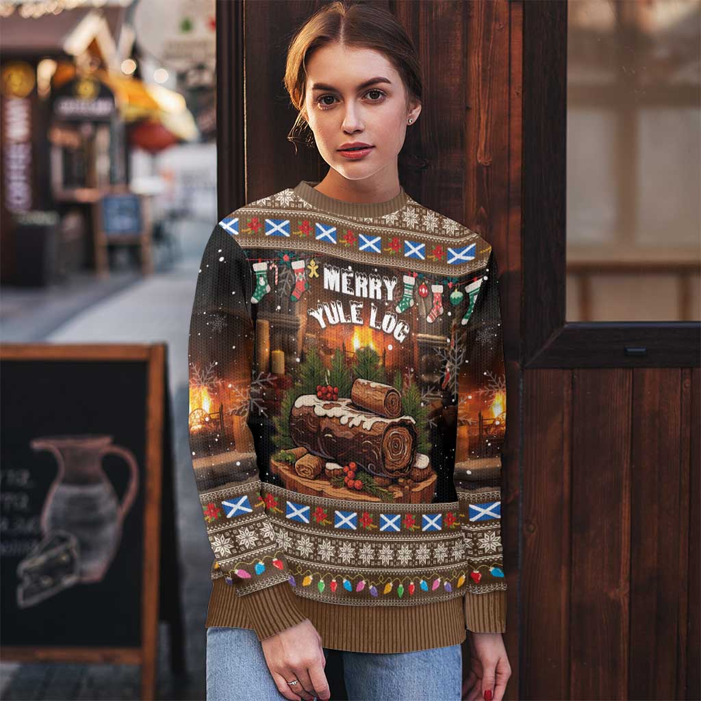 Brown ugly Christmas sweater with Merry Yule Log front graphic and colorful patterned yoke