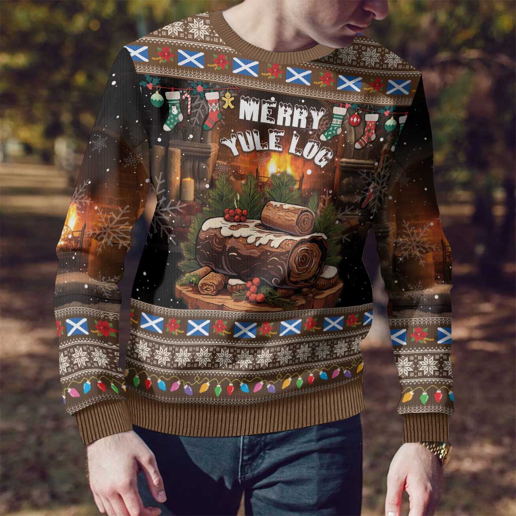 Brown ugly Christmas sweater with Merry Yule Log graphic, festive border, and long sleeves