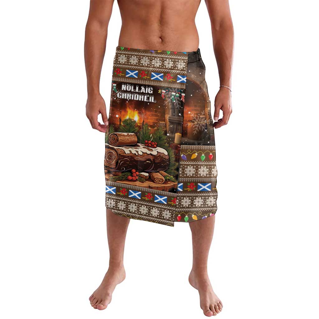 Festive Christmas lavalava skirt with colorful border and candlelit cottage graphic