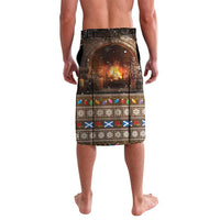 Christmas lavalava skirt with dark fireplace arch graphic and colorful holiday trim