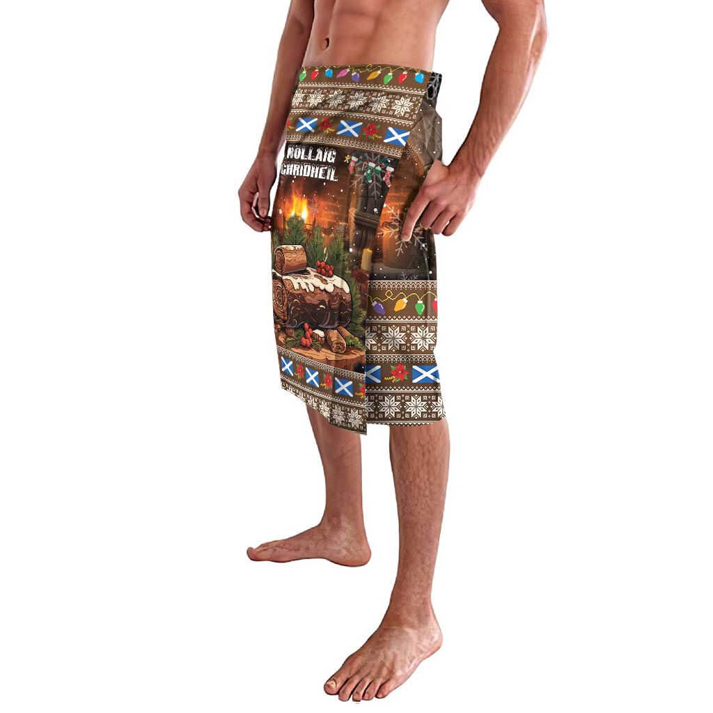 Festive Christmas lavalava skirt shown from side, with cottage scene and bright trim
