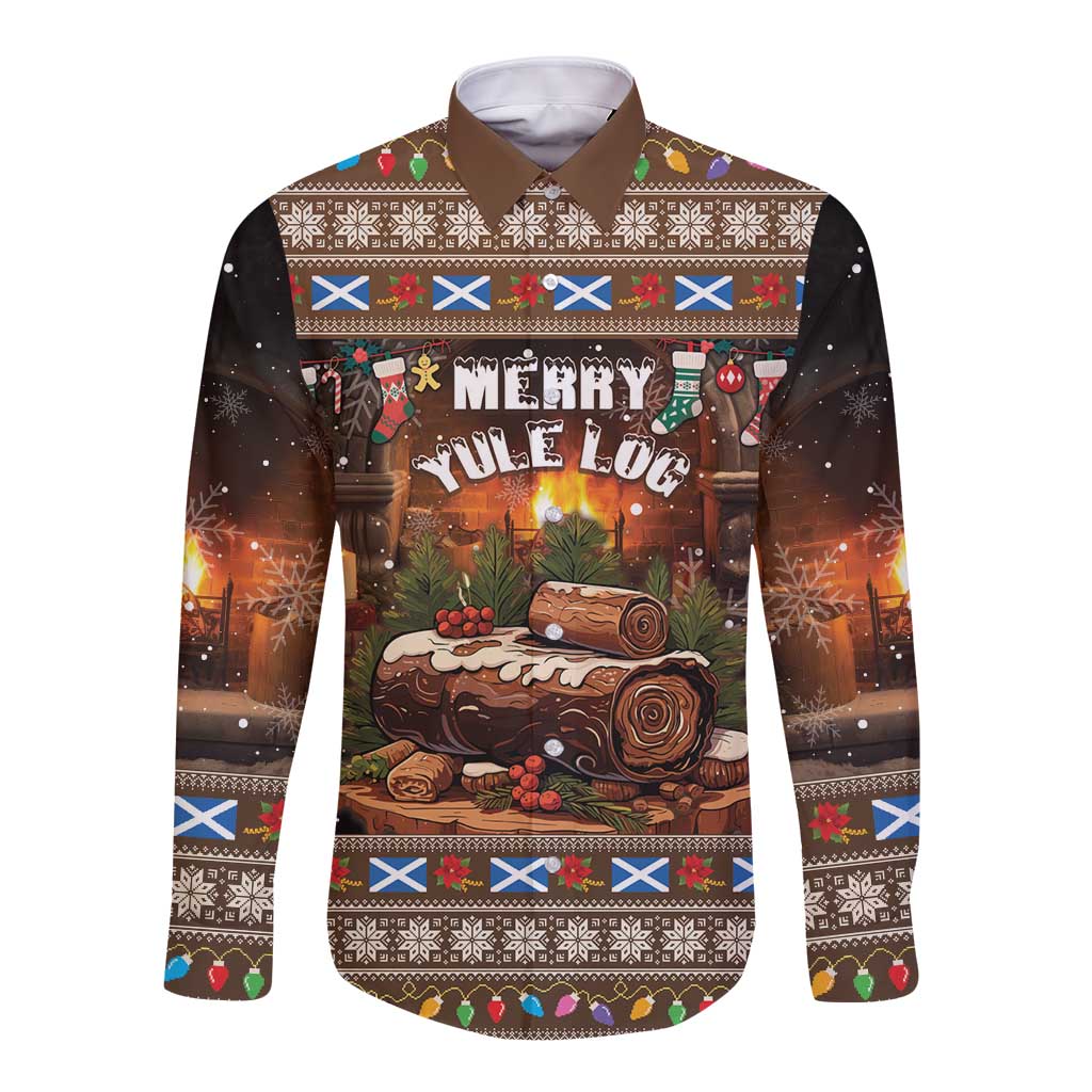 Brown long-sleeve button shirt with Merry Yule Log graphic and festive trim