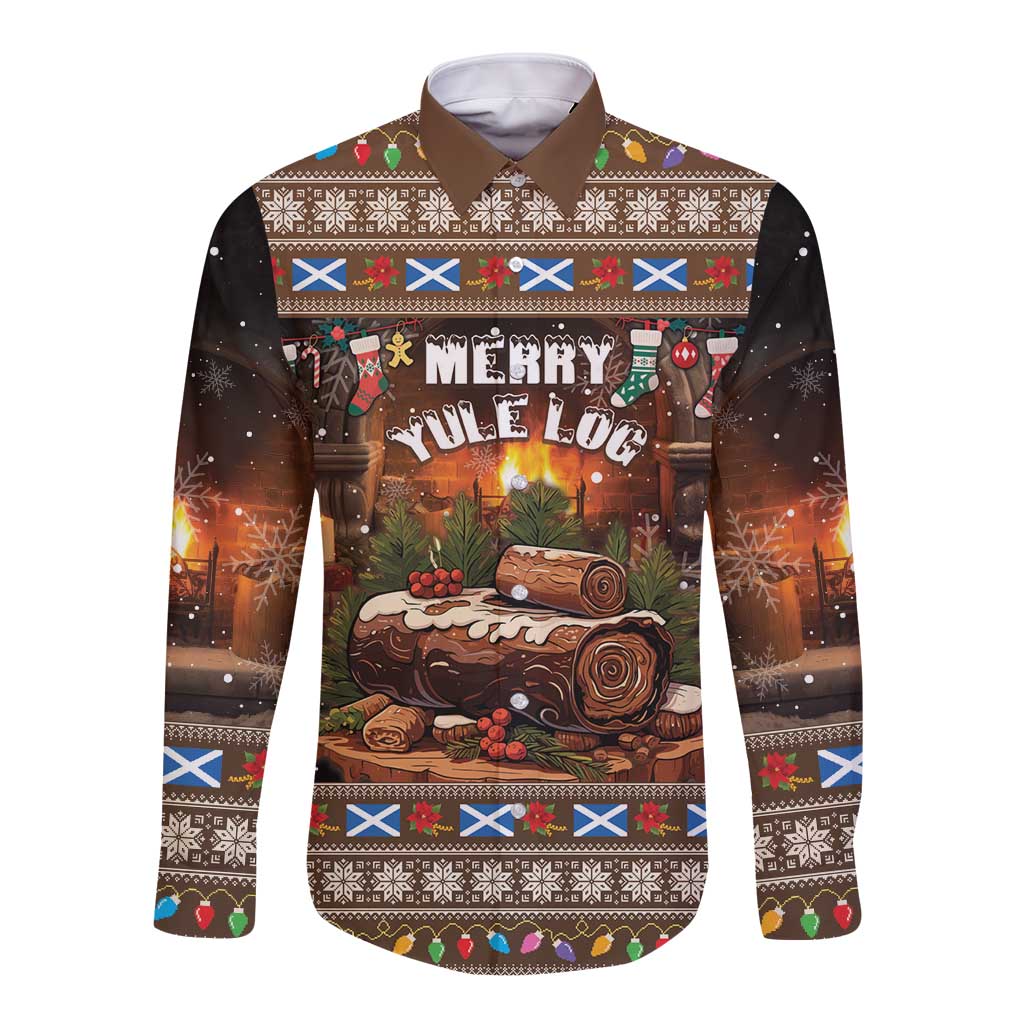 Scotland Christmas Long Sleeve Button Shirt Merry Yule Log - Wonder Print Shop