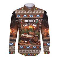 Brown long-sleeve button shirt with Merry Yule Log graphic and festive trim