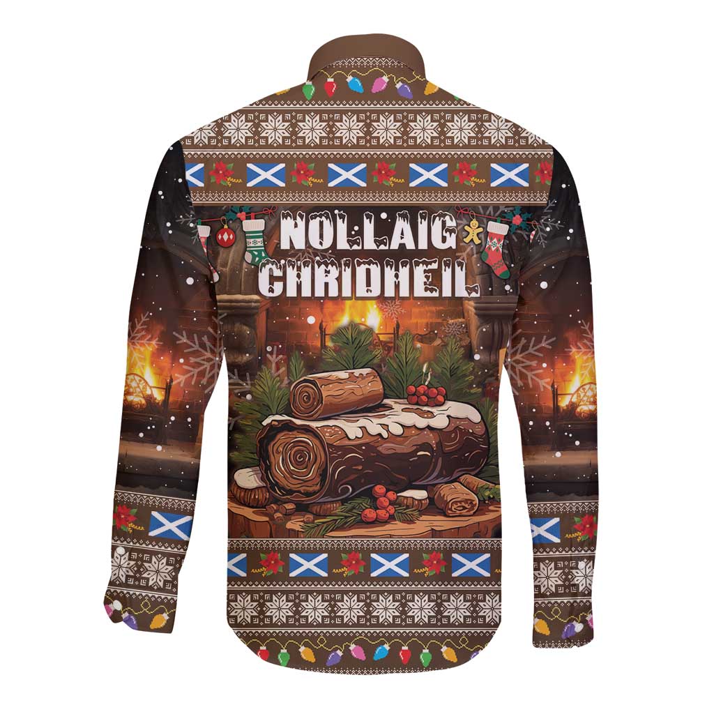 Brown long-sleeve button shirt with Noel Christmas text and Yule log graphic