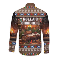 Brown long-sleeve button shirt with Noel Christmas text and Yule log graphic