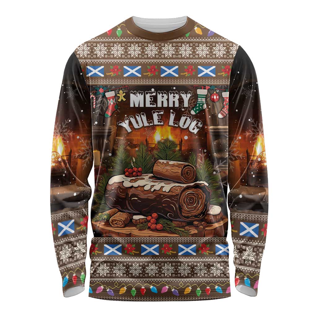 Brown long sleeve Christmas shirt with 'Merry Yule' text and log illustration