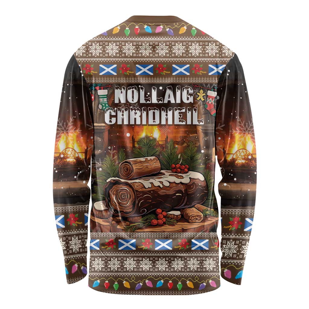 Brown long sleeve Christmas shirt with 'Nollaig' holiday text and log graphic