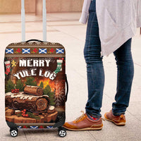 Brown Christmas luggage cover with “Merry Yule Log” graphic and four caster wheels