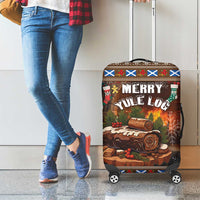 Brown luggage cover featuring “Merry Yule Log” and decorative border, with caster wheels