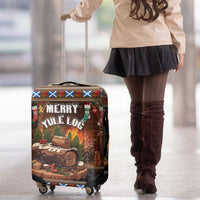 Brown Christmas luggage cover with “Merry Yule Log” artwork and caster wheels
